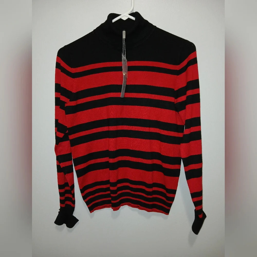 Joseph A red black turtleneck striped shirt Womens Small P NWT office wear